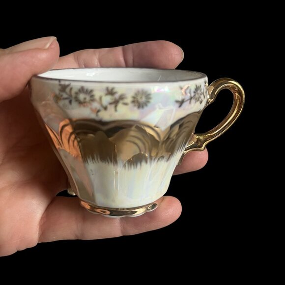 Vintage Sterling China Floral Gold Opalescent Demitasse Set Of 6 Cups & Saucers - Picture 4 of 9